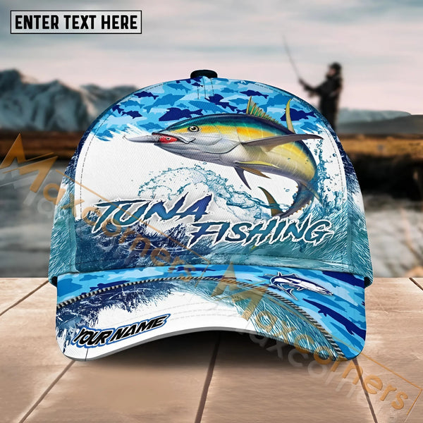 Maxcorners Tuna Fishing Blue Water Camo Pattern Sport Pattern Personalized Name 3D Cap MT173