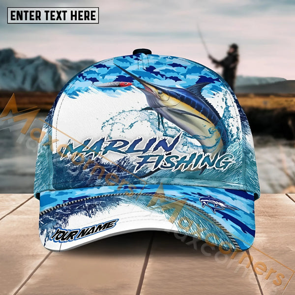 Maxcorners Marlin Fishing Blue Water Camo Pattern Sport Pattern Personalized Name 3D Cap MT173