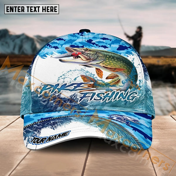 Maxcorners Pike Fishing Blue Water Camo Pattern Sport Pattern Personalized Name 3D Cap MT173