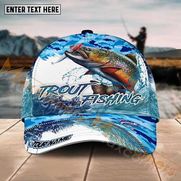Maxcorners Trout Fishing Blue Water Camo Pattern Sport Pattern Personalized Name 3D Cap MT173