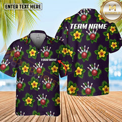 Maxcorners  Bowling And Pins Tropical Style Pattern Option Customized Name Hawaiian Shirt (4 Colors)