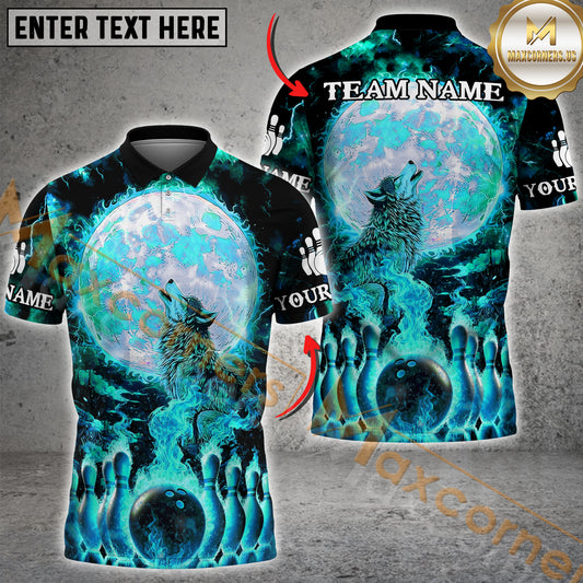 Maxcorners Bowling & Pins Moon Wolf Flame Pattern Multicolor Options Personalized Name, Team Name 3D Shirt (4 Colors)