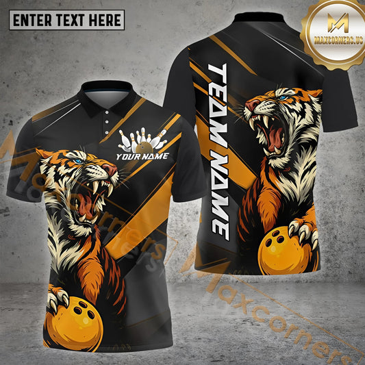 Maxcorners Fierce Tiger Bowling Ball & Pins Multicolor Options Personalized Name, Team Name 3D Shirt (4 Colors)