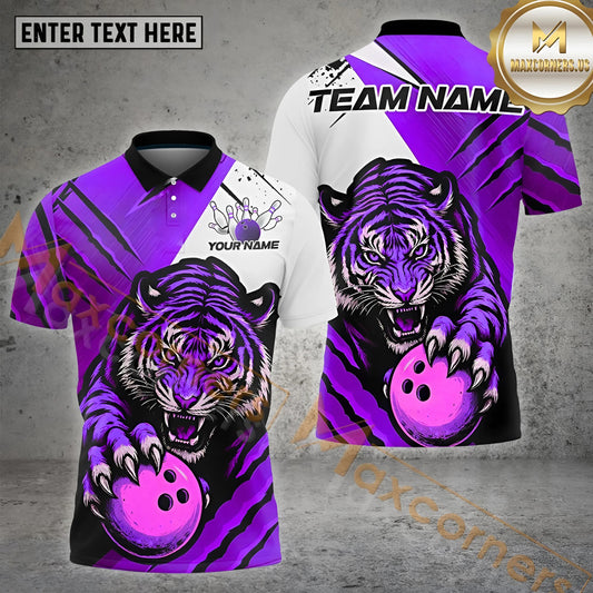 Maxcorners Tiger Bowling Ball & Pins With Claw Strike Design Multicolor Options Personalized Name, Team Name 3D Shirt (4 Colors)