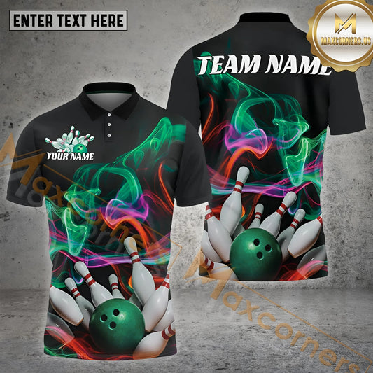 Maxcorners Smoke Effect Bowling Ball & Pins With Color Mist & Blue Ball Multicolor Options Personalized Name, Team Name 3D Shirt (4 Colors)
