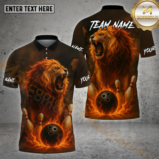 Maxcorners Bowling Roaring Lion Flame Power Multicolor Options Personalized Name, Team Name 3D Shirt (4 Colors)