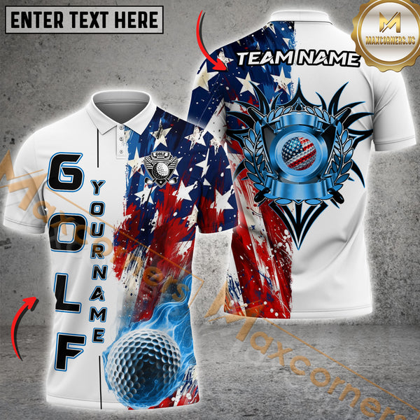 Maxcorners Golf American Flag Flaming Ball Multicolor Options Personalized Name, Team Name 3D Shirt (4 Colors)