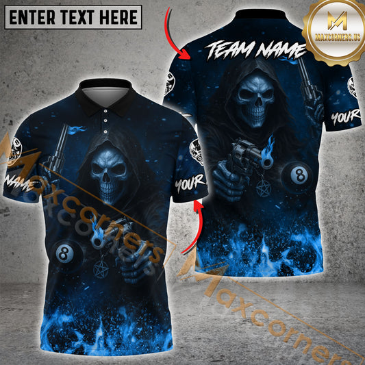 Maxcorners Grim Reaper Billiards Shirt Flaming Skull & Gun Multicolor Options Personalized Name, Team Name 3D Shirt (4 Colors)