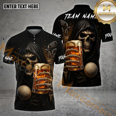 Maxcorners Skull Golf Shirt Grim Reaper Whiskey Vibe Options Personalized Name, Team Name 3D Shirt