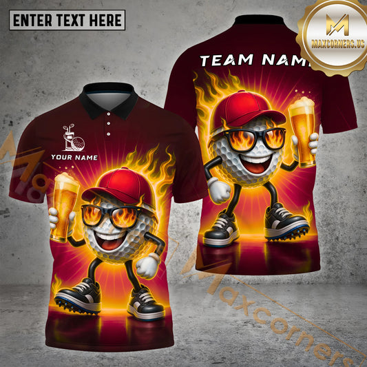 Maxcorners Golf Shirt Flaming Ball Beer Lover Style Multicolor Options Personalized Name, Team Name 3D Shirt (4 Colors)