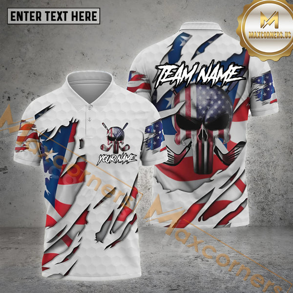 Maxcorners American Skull Golf Shirt Patriotic Style Options Personalized Name, Team Name 3D Shirt