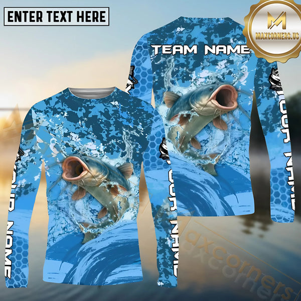 Maxcorners Catfish Fishing Blue Wave Hexagon Pattern Pattern Sport Jersey Personalized Name, Team Name Long Sleeve Shirt