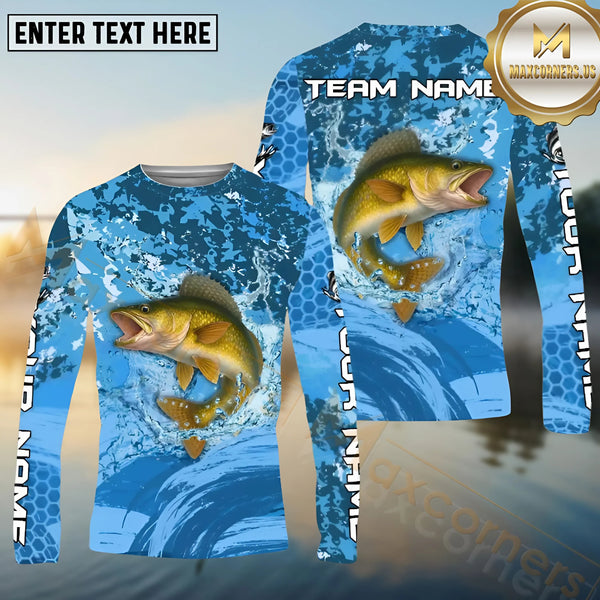 Maxcorners Walleye Fishing Blue Wave Hexagon Pattern Pattern Sport Jersey Personalized Name, Team Name Long Sleeve Shirt