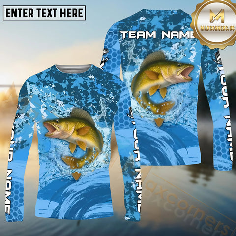 Maxcorners Walleye Fishing Blue Wave Hexagon Pattern Pattern Sport Jersey Personalized Name, Team Name Long Sleeve Shirt
