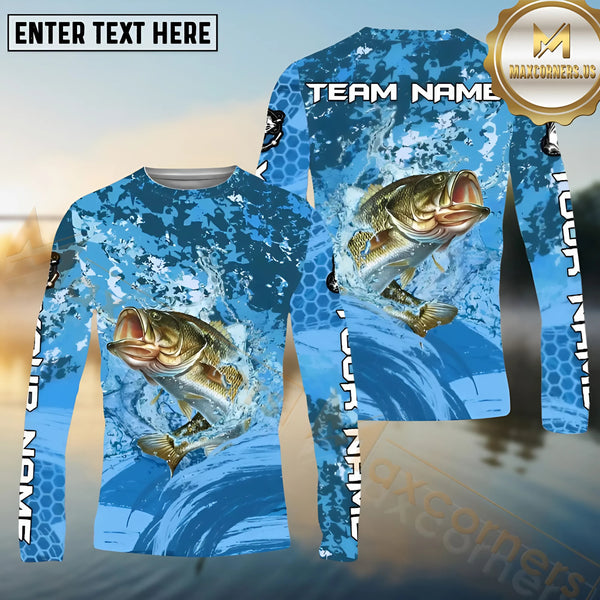 Maxcorners Bass Fishing Blue Wave Hexagon Pattern Pattern Sport Jersey Personalized Name, Team Name Long Sleeve Shirt