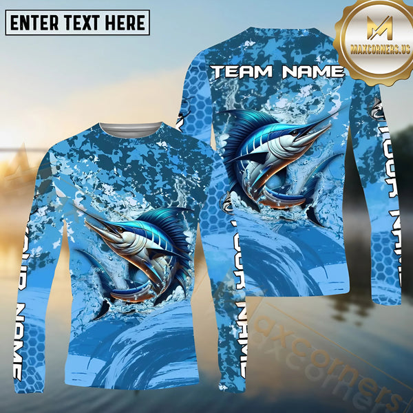 Maxcorners Marlin Fishing Blue Wave Hexagon Pattern Pattern Sport Jersey Personalized Name, Team Name Long Sleeve Shirt