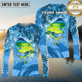 Maxcorners Mahi-Mahi Fishing Blue Wave Hexagon Pattern Pattern Sport Jersey Personalized Name, Team Name Long Sleeve Shirt