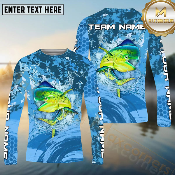 Maxcorners Mahi-Mahi Fishing Blue Wave Hexagon Pattern Pattern Sport Jersey Personalized Name, Team Name Long Sleeve Shirt