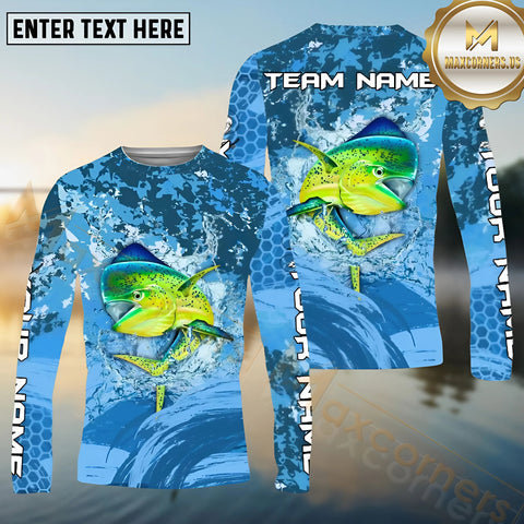 Maxcorners Mahi-Mahi Fishing Blue Wave Hexagon Pattern Pattern Sport Jersey Personalized Name, Team Name Long Sleeve Shirt