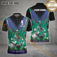 Maxcorners Bowling Shirt Flame Pin Hexagon Style Multicolor Options Personalized Name, Team Name 3D Shirt