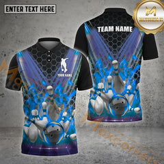 Maxcorners Bowling Shirt Flame Pin Hexagon Style Multicolor Options Personalized Name, Team Name 3D Shirt