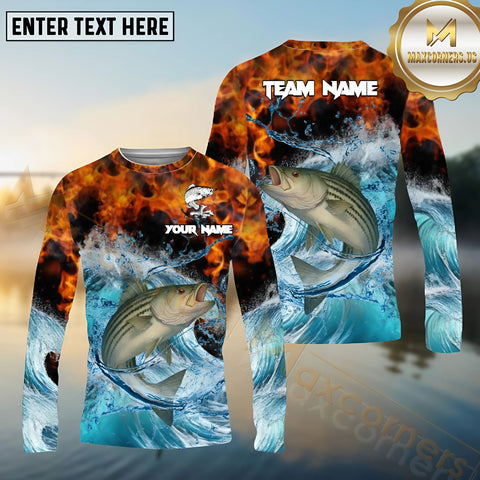 Maxcorners Striped Bass Fishing Sea Fire Pattern Pattern Sport Jersey Personalized Name, Team Name Long Sleeve Shirt