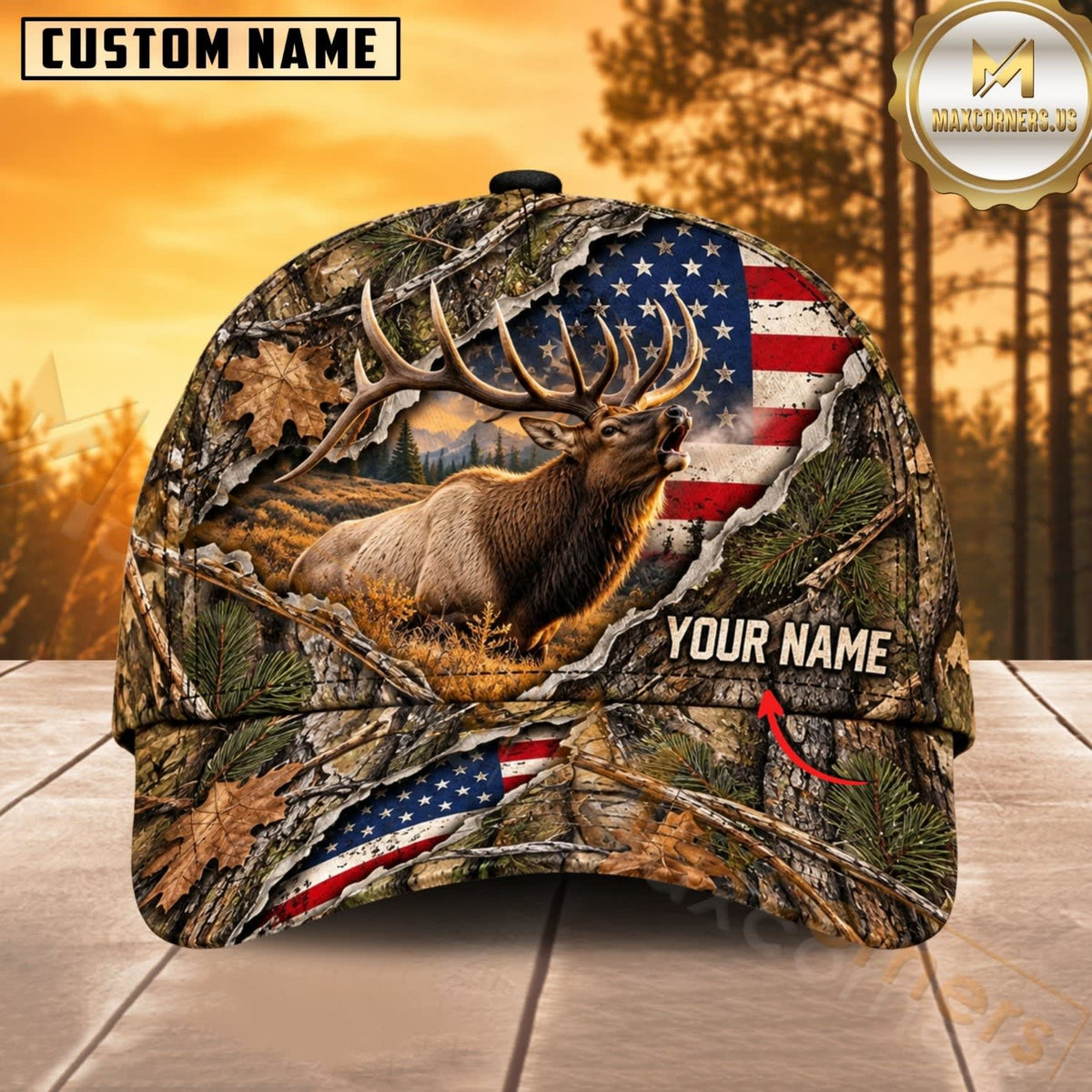 Maxcorners Hunting Wildlife Woodland Camo Torn American Flag Personalized Name 3D Cap