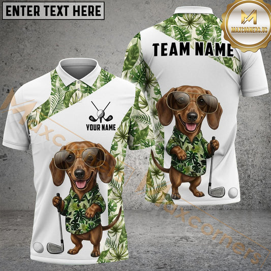Maxcorners Cute Dog Green Tropical Golf Polo Personalized Name, Team Name 3D Shirt 2