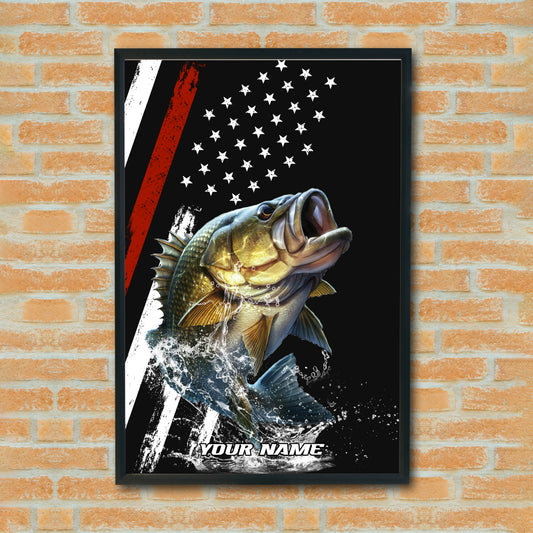 Maxcorners Largemouth Bass Fishing Classic Jump Water Splash American Flag Design Personalized Name 3D Poster