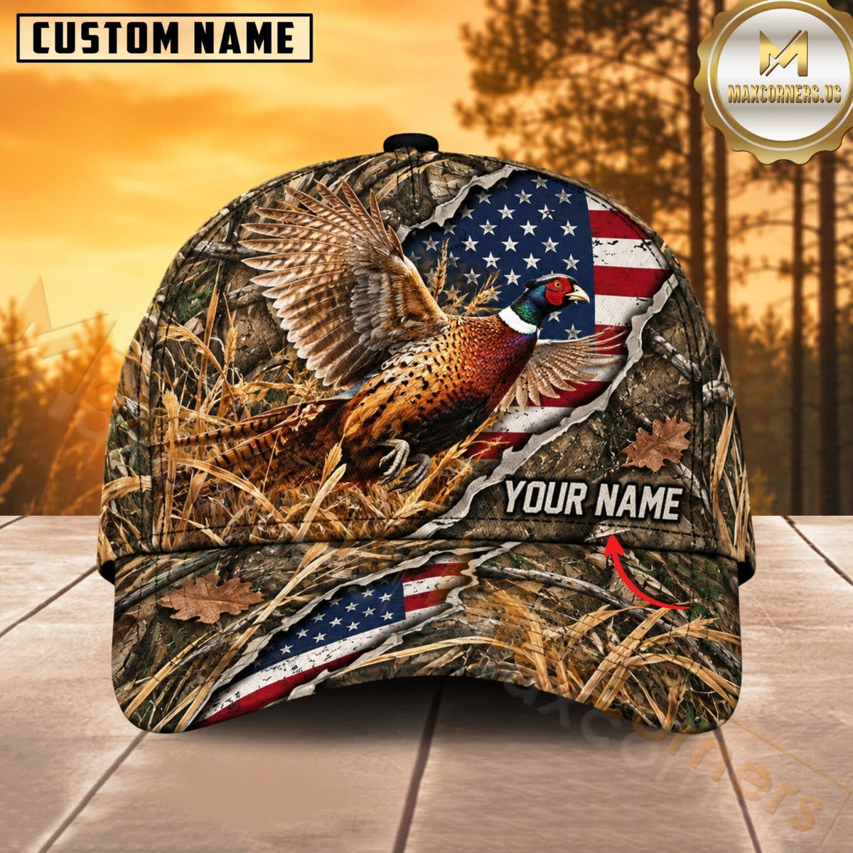 Maxcorners Hunting Wildlife Woodland Camo Torn American Flag Personalized Name 3D Cap