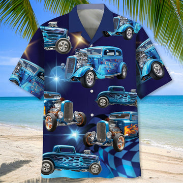 Maxcorners Personalized Hot Rod Blue Style Hawaiian Shirt