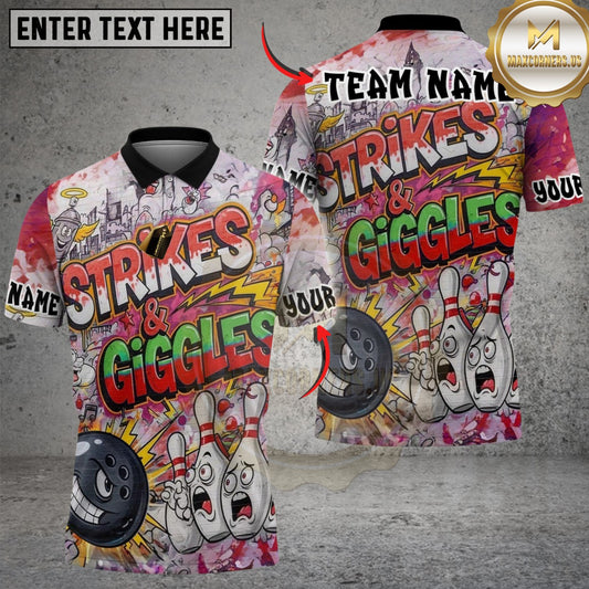 Maxcorners Bowling And Pins Funny Strikes & Giggles Customized Name, Team Name 3D Shirt (4 Colors)