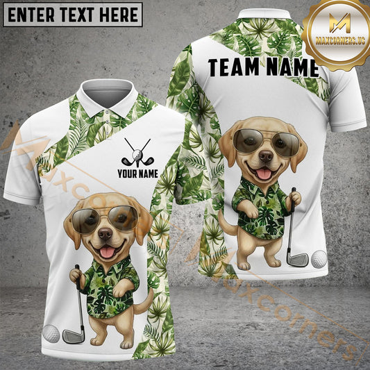Maxcorners Cute Dog Green Tropical Golf Polo Personalized Name, Team Name 3D Shirt 2