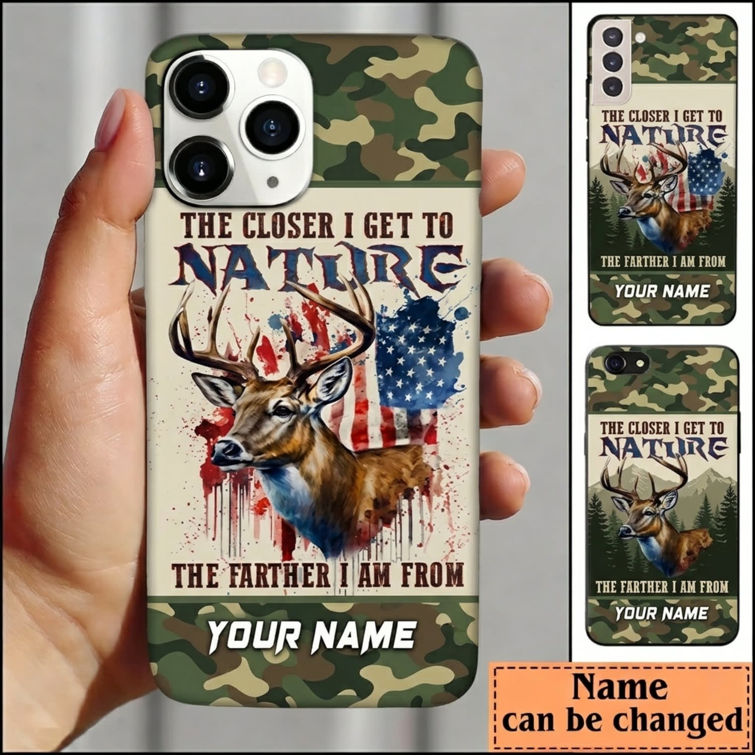 Maxcorners Hunting Closer To Nature Deer American Flag Camo Personalized Name 3D Phone Case