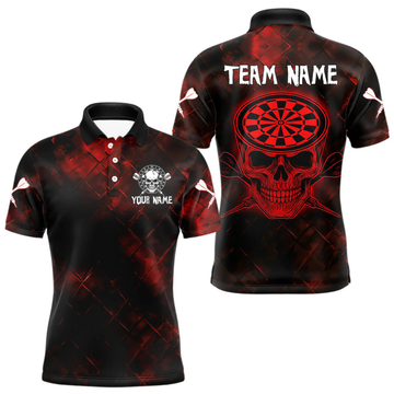 Maxcorners Men's Custom Darts Team Shirt - Skull & Dartboard Graphic With Grunge Red Pattern LM2404