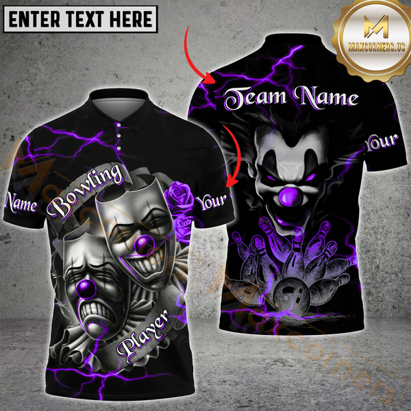 Maxcorners Bowling Evil Clown & Mask Design Multicolor Options Personalized Name, Team Name 3D Shirt
