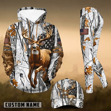 Maxcorners Hunting Whitetail Deer American Flag Snow Camo 3D Combo Hoodie, Legging Set & Cap