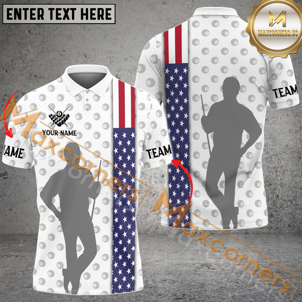 Maxcorners Guy With USA Flag Pattern Billiard Jersey Customized Name, Team Name 3D Polo Shirt