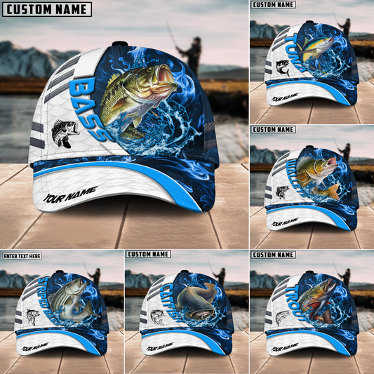 Maxcorners Fishing White Blue Lava Sport American Flag Pattern Sport Pattern Personalized Name 3D Cap (11 Breeds)