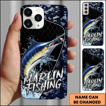 Maxcorners Marlin Fishing Black Navy Blue Camo Personalized Name 3D Phone Case