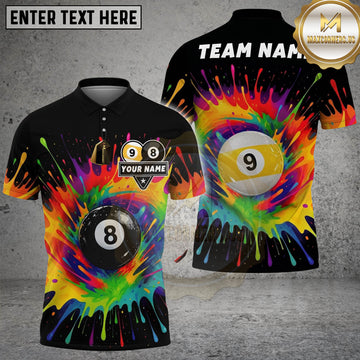 Maxcornerss Billiards 8 Ball & 9 Ball Rainbow Paint Splash Customized Name, Team Name 3D Shirt