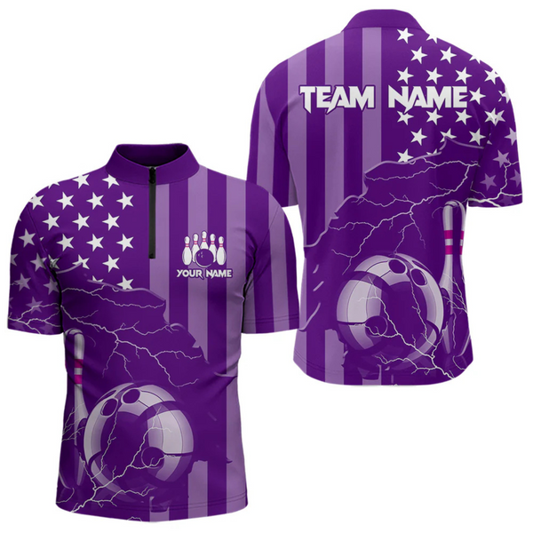 Maxcorners Personalized Purple American flag Lightning thunder Custom Bowling Team Shirts For Mens Bowling Jersey LM184