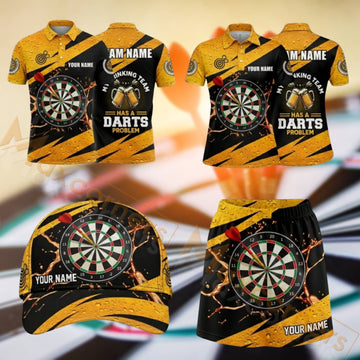 Maxcorners Darts Yellow Black Dartboard Design Personalized Team Sportswear Set - Polo Shirt, Cap & Skorts