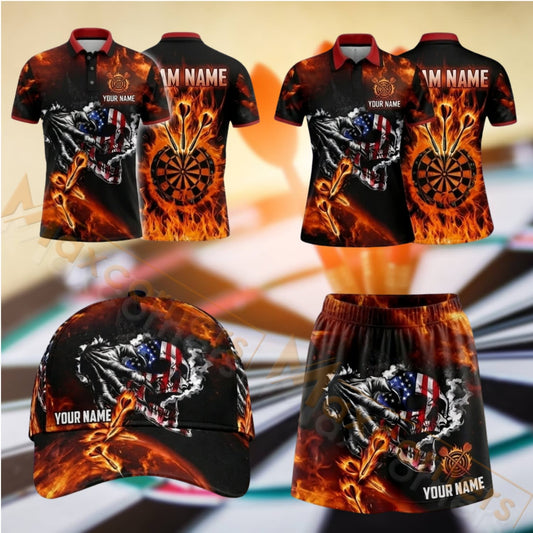 Maxcorners Darts Flaming Wolf Dartboard Design Personalized Team Sportswear Set - Polo Shirt, Cap & Skorts