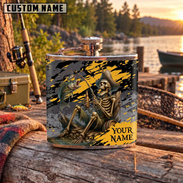 Maxcorners Fishing Skeleton Fisherman Yellow Black Grunge Personalized Name 3D Hip Flask