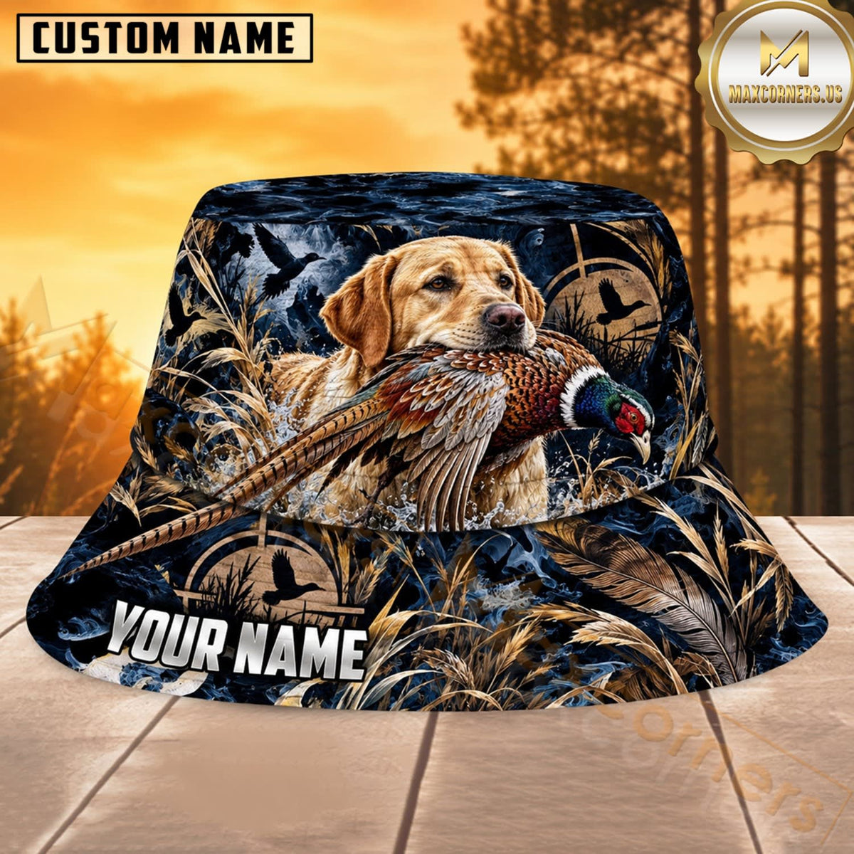 Maxcorners Duck Hunting Labrador Blue Feather Camo Personalized Name 3D Bucket Hat