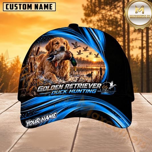 Maxcorners Dog Hunting And Duck Blue Wave Sunset Marsh Scene Multiple Options Personalized Name 3D Cap