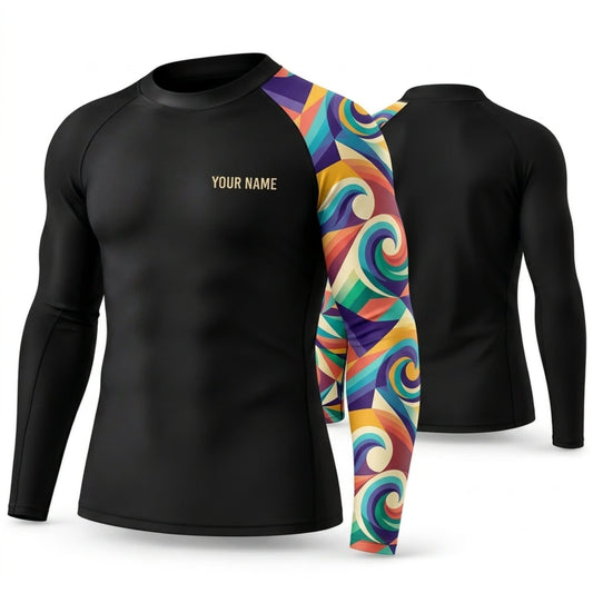 Maxcorners Personalized Psychedelic Art Black Shirt with Bold Teal Yellow Wave Sleeve 3D All Over Printed Shirts, Best Gifts for Art Lovers