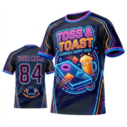 Maxcorners Cornhole Toss And Toast Neon Party Personalized Name 3D Unisex Shirt