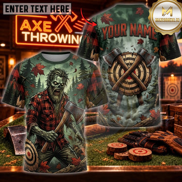 Maxcorners Axe Throwing Dark Zombie Lumberjack Personalized Name 3D Unisex Shirt